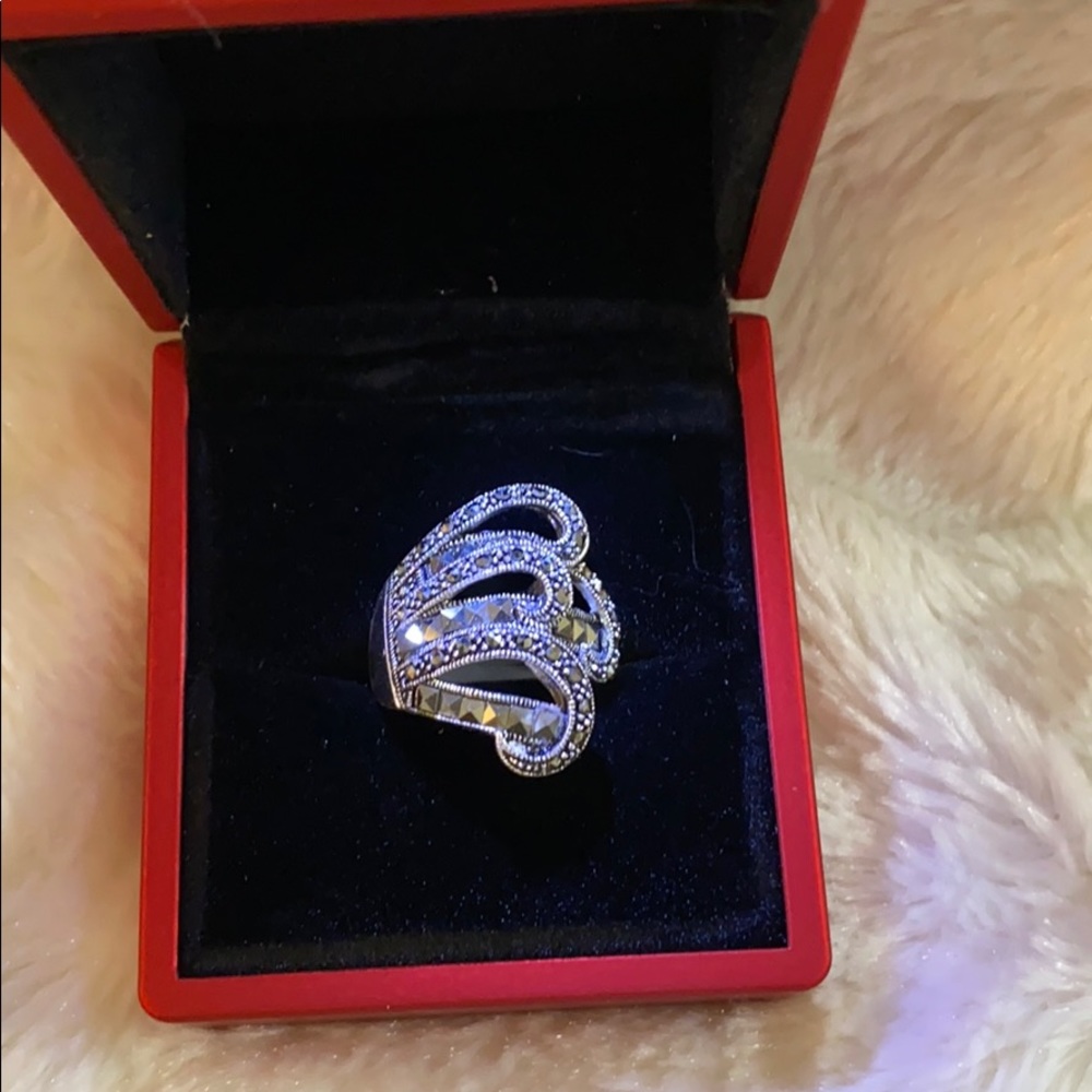 Sterling Silver Marcasite Statement Ring Size 8